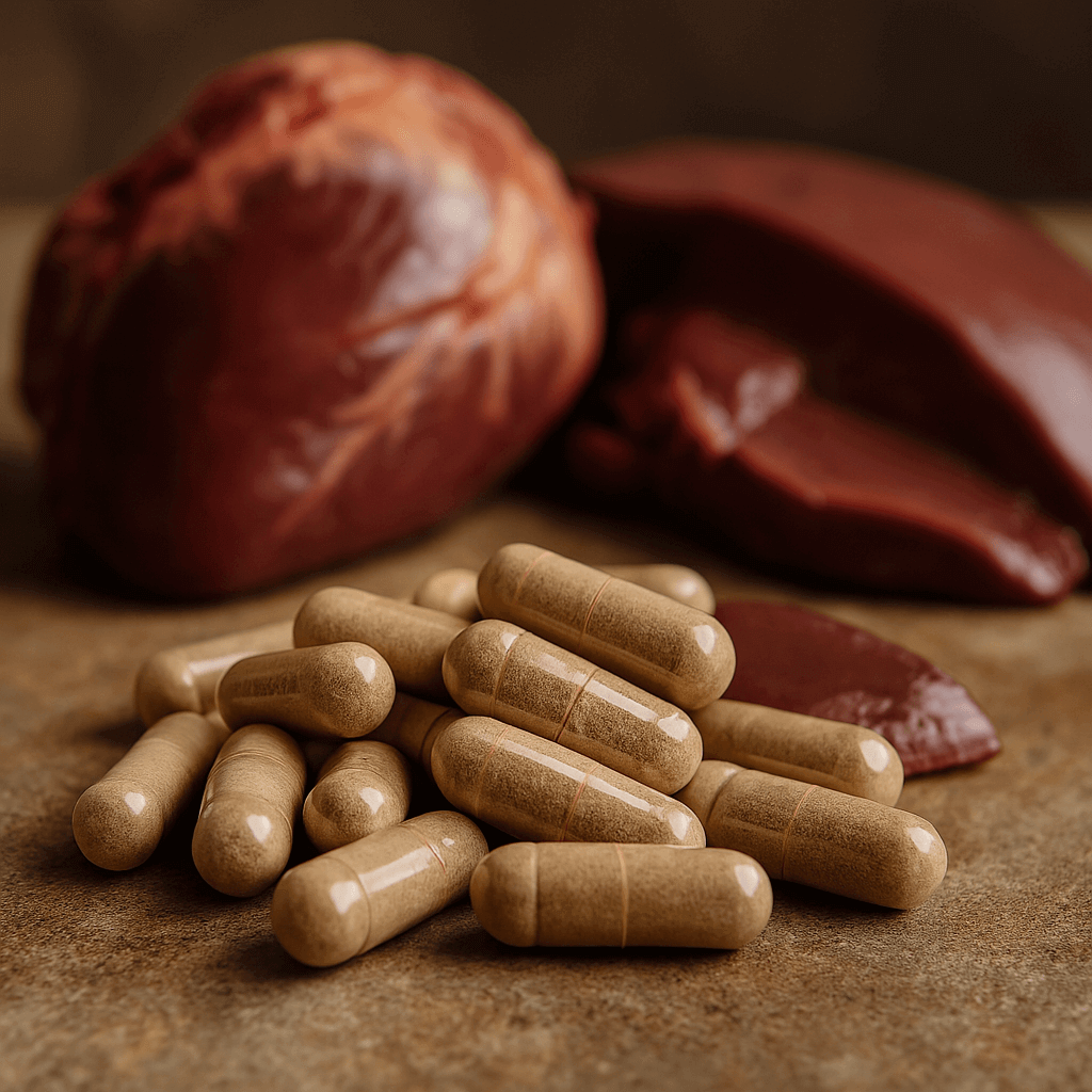 Grass-Fed Beef Liver capsules next to raw liver on a rustic background, promoting nose to tail nutrition.