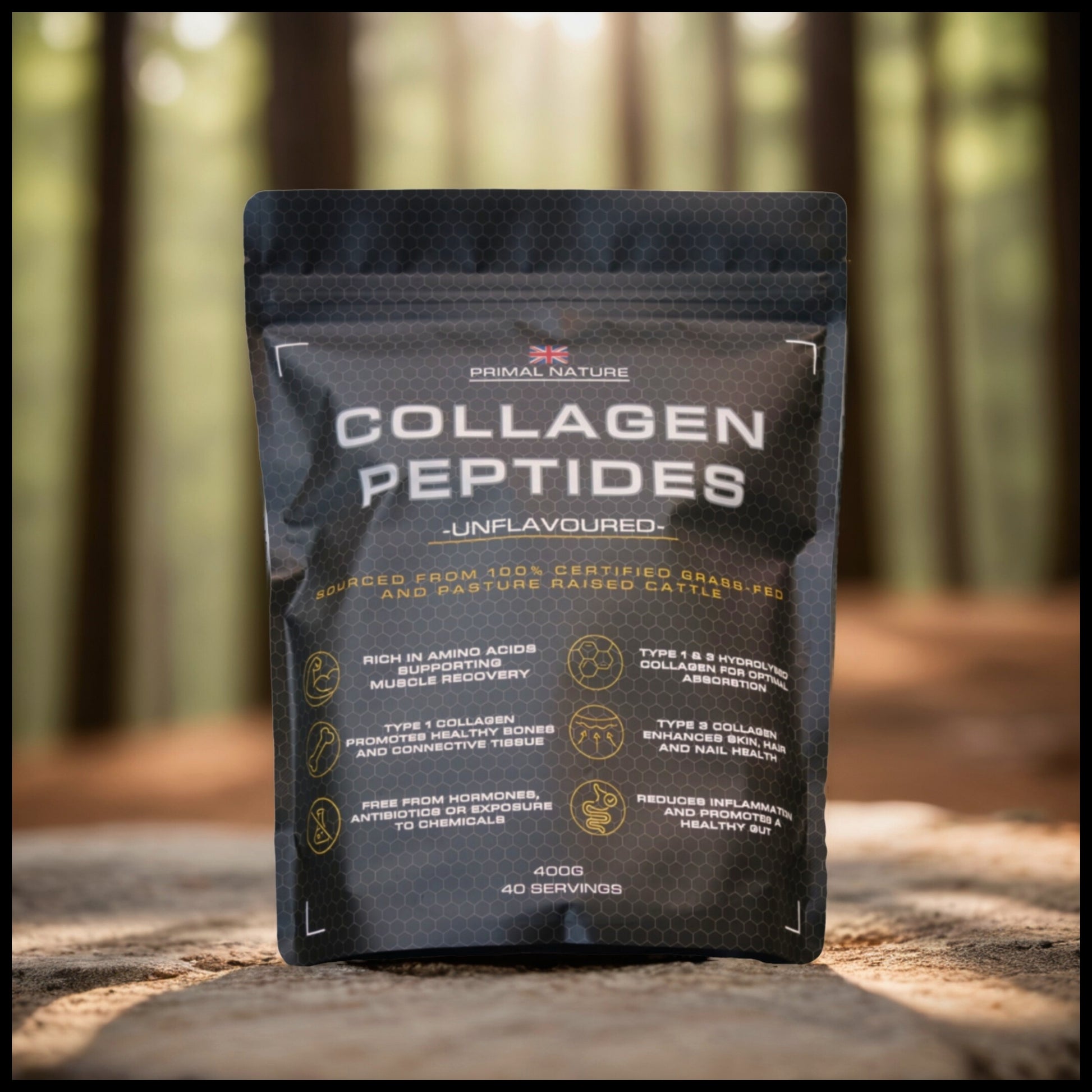 Collagen Peptides product packaging with details on benefits, featuring bovine collagen powder for a UK collagen supplement.
