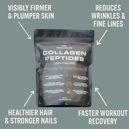 Collagen Peptides product packaging highlighting benefits for skin, hair, and workout recovery.