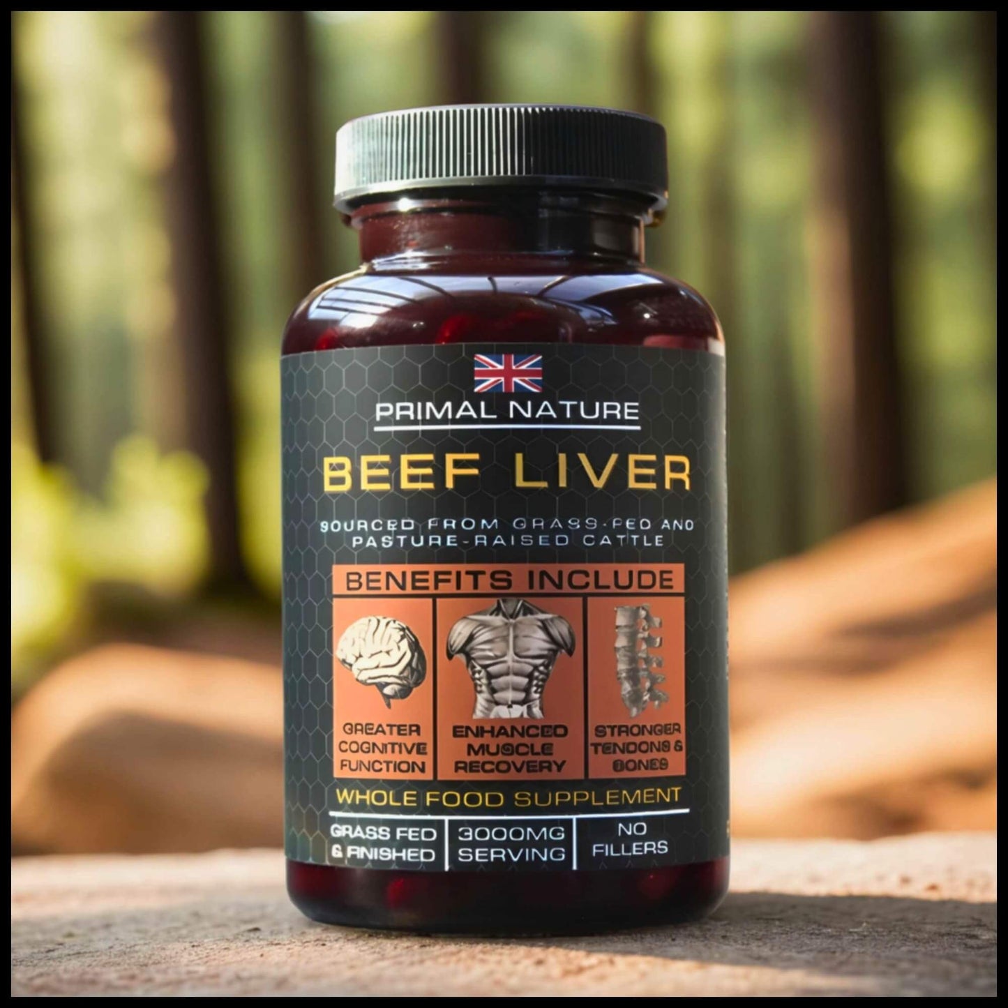 Grass-Fed Beef Liver supplement bottle highlighting cognitive function, muscle recovery, and bone strength.